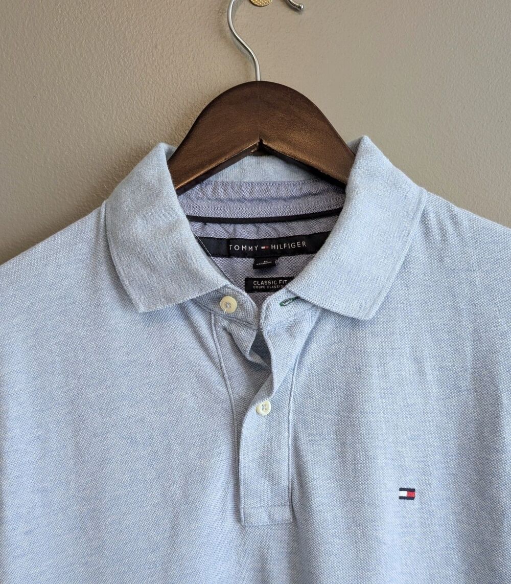 Tommy Hilfiger Mens Medium Classic Fit Polo Shirt Light Blue Pique Short Sleeve